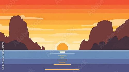 A serene sunset illustration showcasing a stylized sea with reflections, flanked by mountains. The sky transitions from red to yellow
