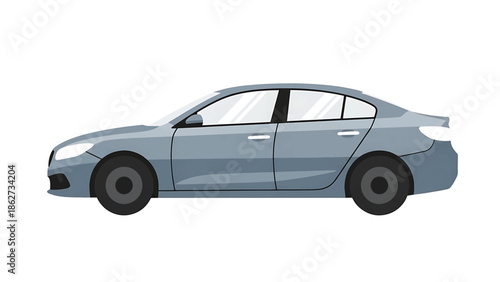 A side-view illustration of a gray sedan with darkened wheels, windows reflecting light, and a white backdrop