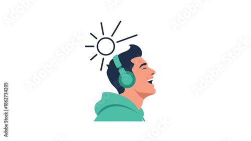 A side-profile illustration shows a smiling person with headphones, a sun above them, and a green hoodie. The style is flat, and colors are muted