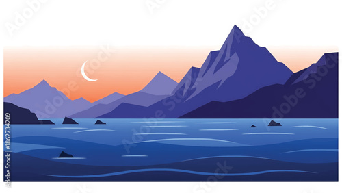 A serene landscape featuring stylized mountains reflected in a calm body of water with a crescent moon in the sky. It employs a low-poly aesthetic