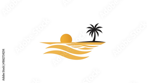 A serene tropical scene featuring a stylized sun setting over a wavy sea, a small island with a palm tree
