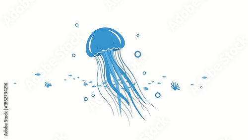 A serene underwater illustration featuring a stylized jellyfish, bubbles, small fish, and coral on a bright, clean white backdrop