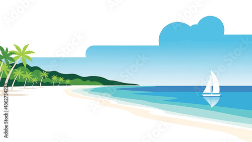 A serene tropical scene featuring a white sand beach, lush palm trees, green hills, and a sailboat on the crystal-clear ocean under a blue sky with clouds
