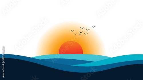 A serene vector illustration showing a vibrant sunset over a stylized ocean with rolling waves and a flock of birds silhouetted in flight