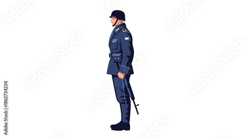 A side-view illustration of a person in military garb, bearing a rifle. The soldier is dressed in a dark-blue uniform, complete with a helmet and belt