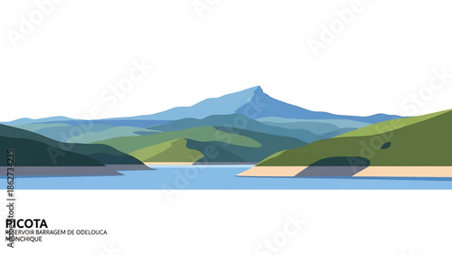 A serene landscape illustration depicting a body of water with various shades of blue reflecting the sky and rolling green hills under a plain white sky