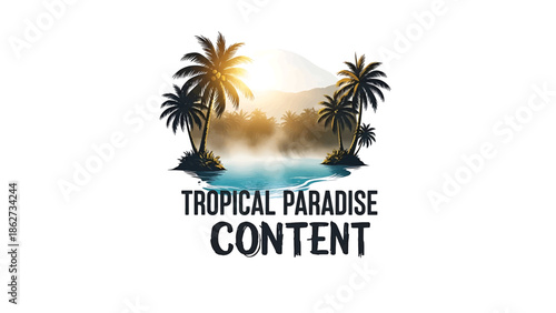 A serene tropical scene with palm trees, a misty lagoon, and mountains in the background, bathed in the warmth of the sun