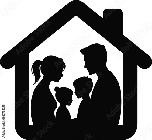 Happy Family Silhouette Inside Simple House Frame
