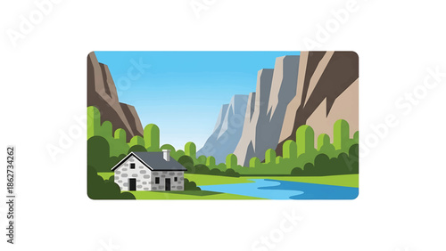 A serene landscape illustration depicting a stone cottage nestled by a river flowing towards towering mountains, with lush greenery