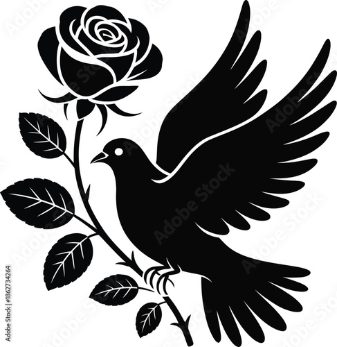 Graceful Silhouette Of A Dove With Rose