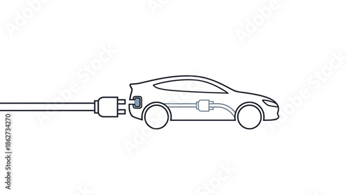 A side-view illustration of an electric car is shown being charged. A long cable connects to the vehicle's charging port. Internal wiring is visible