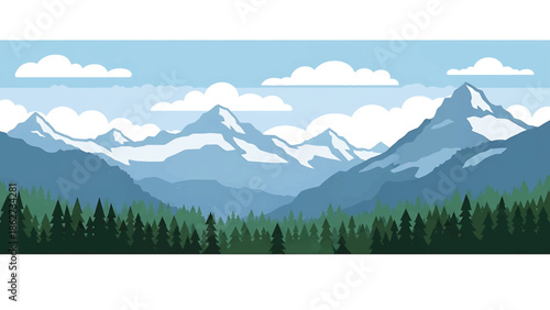 A serene landscape illustration features a forest of evergreen trees at the base, leading to towering mountains and fluffy clouds in a blue sky