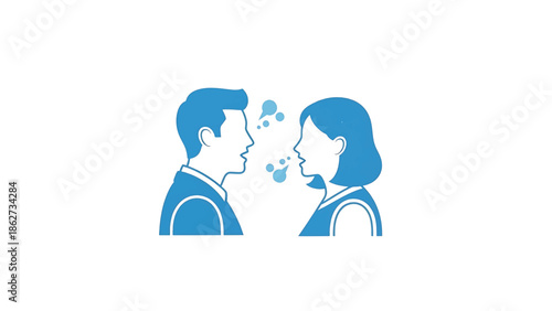 A side-view illustration of two people, a man and a woman, facing each other. Floating bubbles suggest communication.  Both figures are blue on white