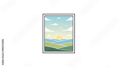 A serene landscape illustration features a rising sun over rolling hills, with a gradient sky and stylized clouds, enclosed in a black frame