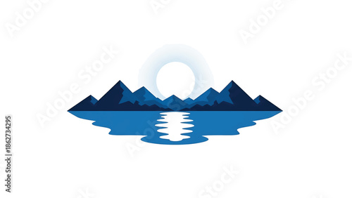 A serene landscape illustration features stylized mountains, a reflecting body of water, and a bright, circular celestial body. The color palette emphasizes blue and white