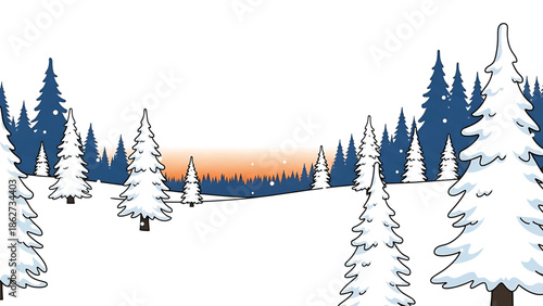 A serene winter scene depicts snow-covered fir trees and a snow-covered ground, under a gradient orange and blue sky
