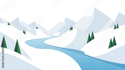 A serene winter scene with snow-covered mountains, a winding river, and scattered evergreen trees under a bright sky