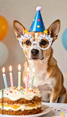 Dog Wearing Glasses and Birthday Hat With Cake and Candles