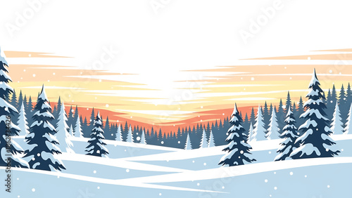 A serene winter scene with snow-covered trees, rolling hills, and a colorful sunset. Snowflakes gently fall. The evergreen forest backdrop gives a tranquil feeling