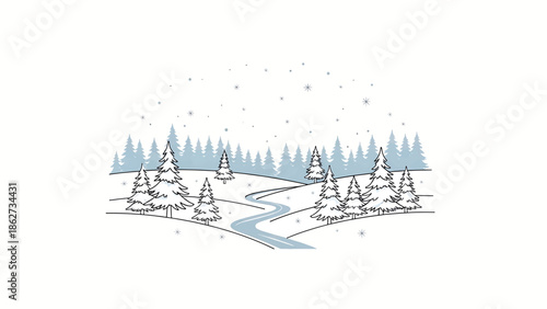 A serene winter scene with stylized evergreen trees, a winding river, and falling snowflakes, set against a white background