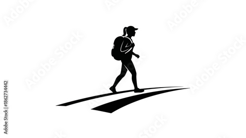 A silhouette depicts a person walking on a path, carrying a backpack. The figure is clad in simple clothing, cap and boots