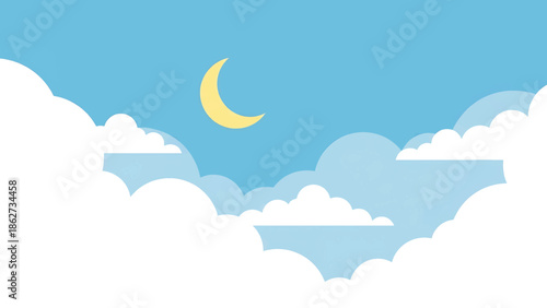 A serene illustration of a crescent moon in a blue sky above layered puffy clouds, creating a peaceful and dreamy scene