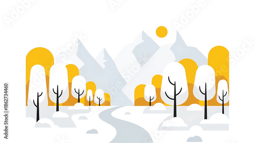 A serene winter scene with stylized snow-covered trees, a winding road, and mountains under a yellow sun against a white background