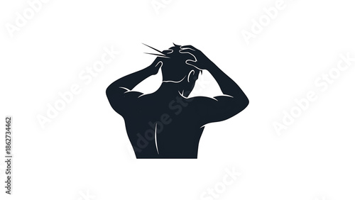A silhouette depicts a person from the back with arms raised to touch their head. The texture suggests a worn-out aesthetic
