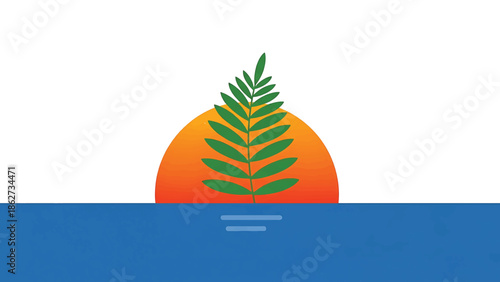 A serene illustration of a tropical landscape at sunset. Green foliage sprouts from the horizon, above a gradient orange sun and blue water