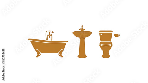 A set of bathroom fixtures in brown tones, including a claw-foot tub, a pedestal sink, and a toilet. Minimalist, clean design on a white background