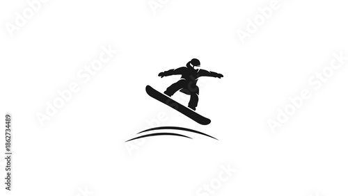 A silhouette depicts a snowboarder mid-air, riding a board with arms outstretched. Below, two curved lines represent the slope