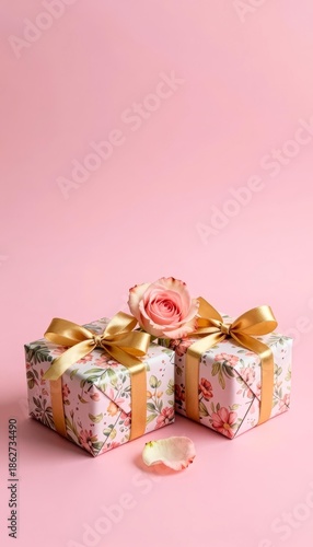 Two Wrapped Gifts With Rose and Gold Ribbon on Pink Background