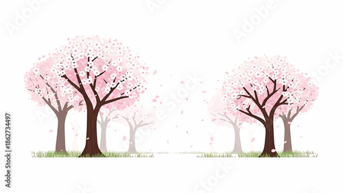 A serene illustration of blossoming trees in spring. Pink flowers adorn the branches, with some petals gently falling. Trees stand in a grassy meadow