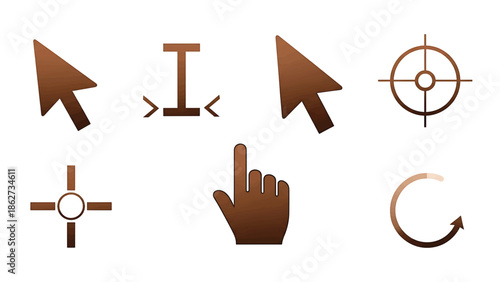 A set of computer interface icons in various shapes and forms. The icons are shades of brown over a white background. Each has a textured look