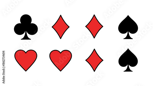 A set of eight stylized playing card suit symbols on a white background. These include clubs, diamonds, hearts, and spades