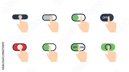 A set of eight vector illustrations showcasing switch on/off states with hands interacting with the toggle. Each switch has a finger pressing the button