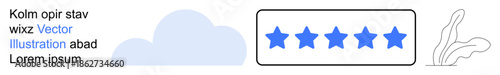 Feedback systems, customer satisfaction, online reviews, rating systems, user experience, service quality. Five blue stars in a rating box, cloud illustration line art detail. Feedback systems
