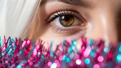 A close-up of a woman's eye with colorful tinsel in the foreground