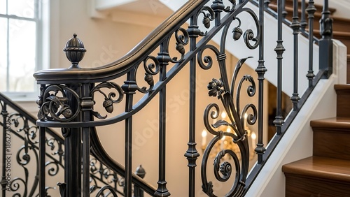 Ornate wrought iron staircase railing detail.