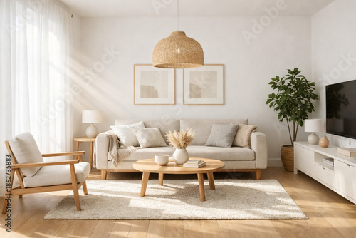Bilde på lerret Bright and modern living room with neutral decor, a comfortable sofa, and natural light