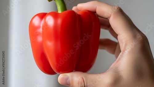 Vibrant Red Bell Pepper Held Delicately in Hand, Promoting Healthy Food Choice