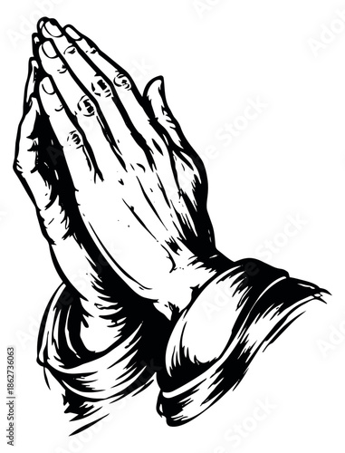 Hand drawn line art illustration of praying hands depicting a gesture of prayer and devotion for religious or spiritual themes