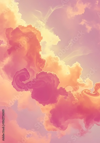 Surreal pastel cloudscape with radiant light and whimsical cloud shapes