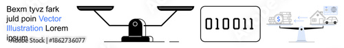 Financial decision making, digital economy, data security, wealth management, technology concepts, home finance. Illustration shows balance scale, binary code and financial icons. Financial decision