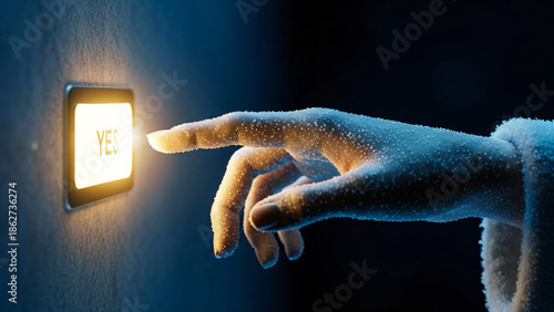 Freezing Cold Finger Reaching Out In Dark Environment To Press Glowing Illuminated Yes Button Signifying Decision Making Or Final Confirmation