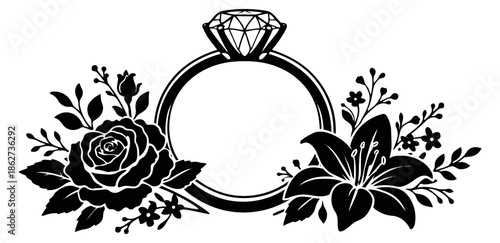 Black silhouette illustration of a diamond engagement ring depicting roses and lilies for wedding themes
