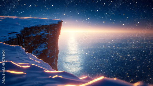 Stunning Vista From A Snow-covered Cliff Overlooking A Sparkling Ocean Under A Densely Star-filled Night Sky Horizon Light
