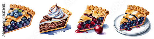 Watercolor style vector illustration of four pie slices, including chocolate and cherry, with flaky crusts, whipped cream, and soft watercolor shading. Isolated on transparent background