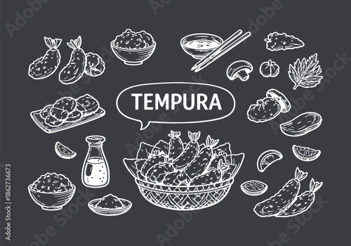 Hand-Drawn Tempura Dish and Ingredients Collection