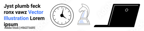 Time management, strategic planning, remote work, productivity, decision-making, digital tools. Clock, chess knight laptop placed side by side. Time management and strategic planning